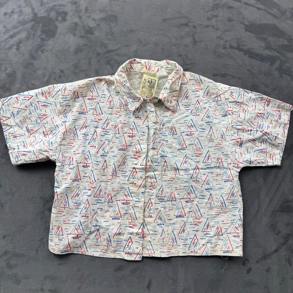 Vintage Topsville Sailboat Print Cotton Button Down Shirt Small Nautical Boxy